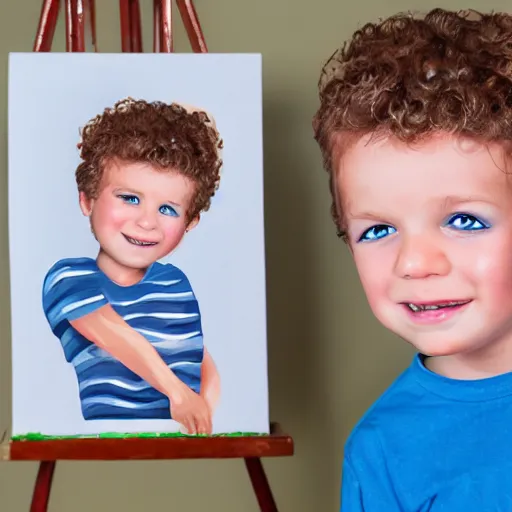 Image similar to caricature painting of a toddler boy with curly blond hair and blue eyes, photography, realistic