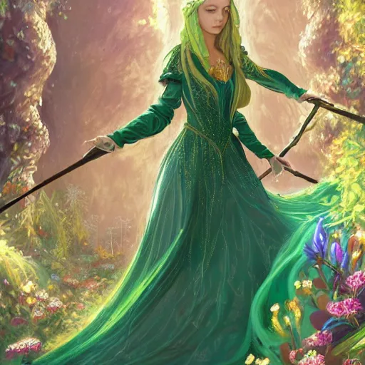 Prompt: a royal portrait of a very beautiful elven woman with long blond hair and green eyes, wearing a tudor style dress, royal garden landscape, epic fantasy, vibrant colors, ambient lighting, 4k illustration, concept art, tony sart, lois van baarle, ilya kuvshinov, rossdraws, artstation