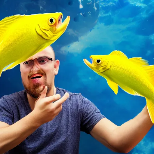 Image similar to A photo of a suprised man holding the world's mos yellow fish, realistic, ultra high detail, 8k.