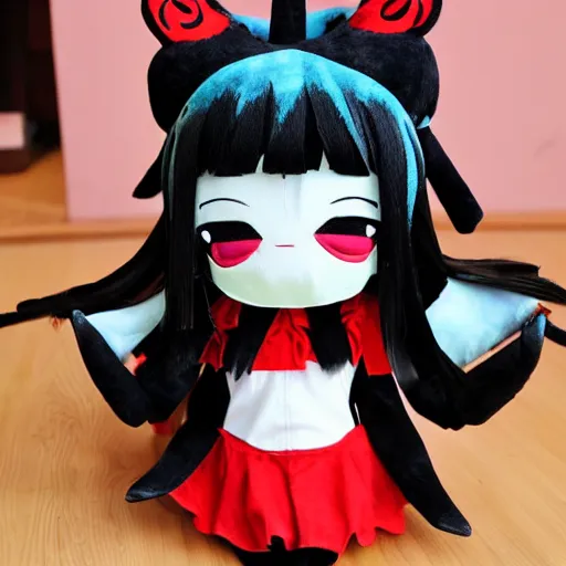 Prompt: cute fumo plush of the mysterious girl who wears a possessed tribal mask, anime girl villain