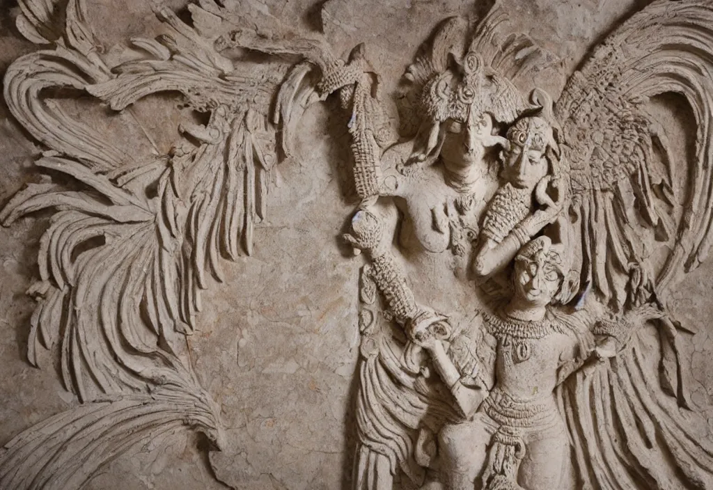 Prompt: high relief indian sculpture of winged demon woman, made of polychrome plaster stucco, painted, middle eastern, cracked, dirty, low relief rococo style patterns on border, realistic, on a large marble wall, highly detailed, photography, high contrast, masterpiece,