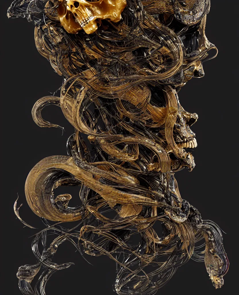 Image similar to fully black background. background hex 000000. goddess princess face close-up portrait ram skull. sculpture made of gold and black charcoal. jellyfish phoenix head, nautilus, orchid, skull, betta fish, bioluminiscent creatures, intricate artwork by Tooth Wu and wlop and beeple. octane render, trending on artstation, greg rutkowski very coherent symmetrical artwork. cinematic, hyper realism, high detail, octane render, 8k