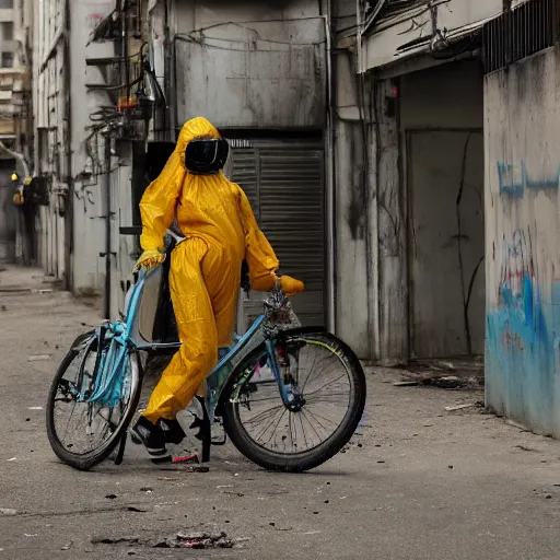 Image similar to a photo of a female wearing a hazmat suit, riding a bike, side-view, smoke in the background, filthy streets, broken cars. Vines growing. Jpeg artifacts. Full-color photo. Color color color color color. Award-winning photo. OM system 12–40mm PRO II 40mm, 1/100 sec, f/2 8, ISO 800