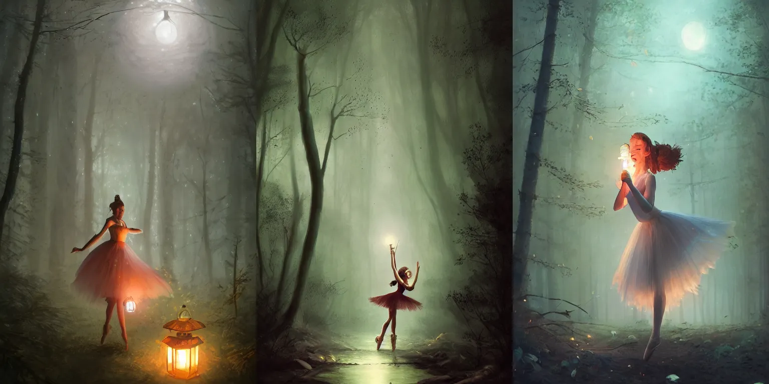 Prompt: a dancing cheerful ballerina with lantern and long fingernails in a moonlit forest, beautiful woman, digital art, by Greg Rutkowski, volumetrics, dark fantasy, 4k, trending on artstation