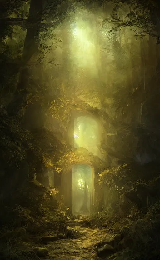 Image similar to a door opening with an ambient light in the forest at night, dynamic lighting, photorealistic fantasy concept, trending on art station stunning, stunning visuals, creative, cinematic, ultra detailed