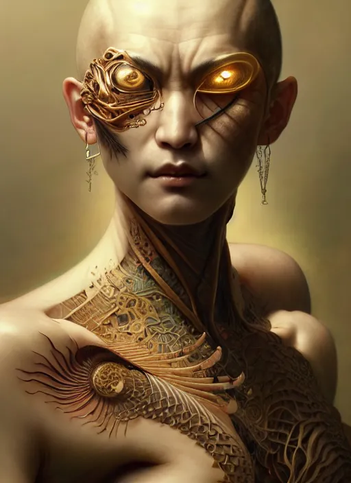 Image similar to organic Japanese Yakuza cyborg, diffuse lighting, fantasy, intricate, elegant, highly detailed, lifelike, photorealistic, digital painting, artstation, illustration, concept art, smooth, sharp focus, art by John Collier and Albert Aublet and Krenz Cushart and Artem Demura and Alphonse Mucha