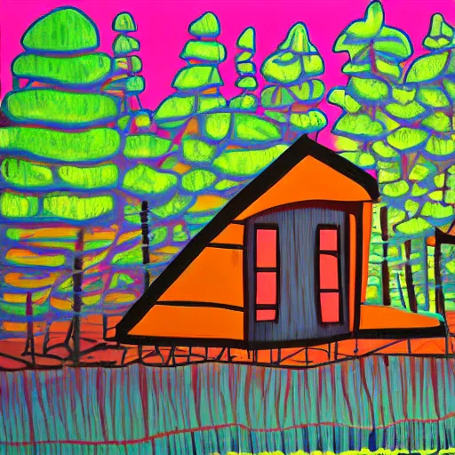 Image similar to a painting of a eerie cabin in the middle of the woods in the style of andy warhol