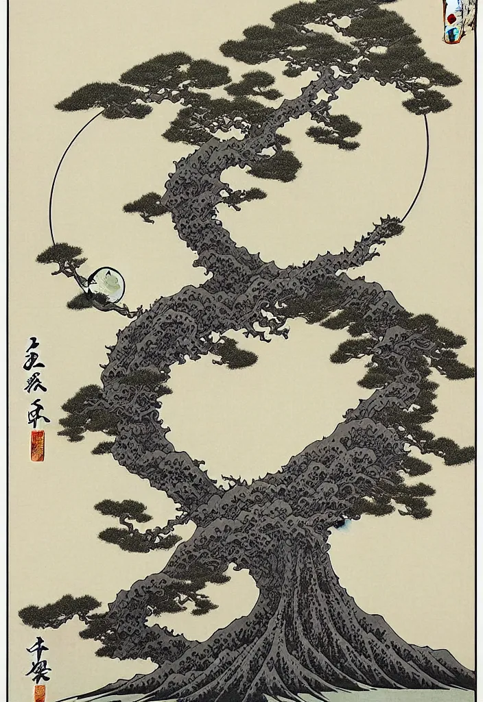 Prompt: prompt: alchemical yug saron white Bonsai tree holding and merging into big moon drawn by Takato Yamamoto, Japanese woodblock print style of Hokusai, white moon and on the sides alchemical artifacts and mysterious entities attributes and trinkets, clean ink detailed line drawing, intricate detail, manga 1990