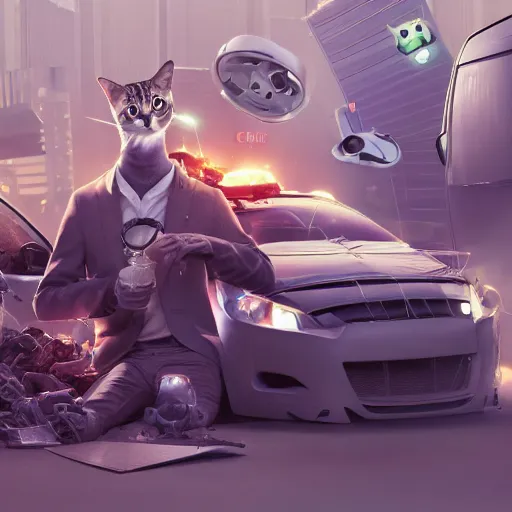 Image similar to digital render. aesthetics. handsomely. handsome half - man half - cat in work clothes. car dump with the remains of broken robots. anthropomorphic cats in the middle of a car dump. artstation trend, 4 k. wow. octane render. vray