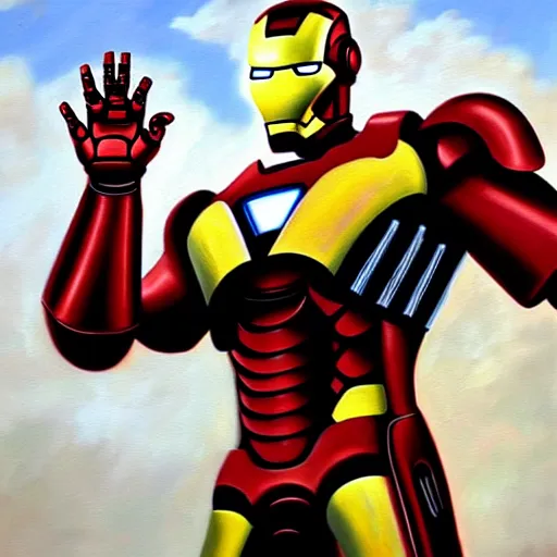 Image similar to Photorealistic oil painting of a scrap built Iron Man suit flying in a Post Apocalyptic world