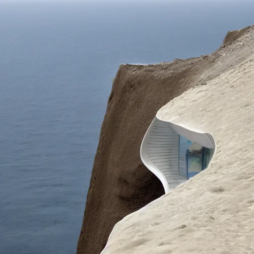 Prompt: cliff house on the edge of a moon crater designed by zaha hadid, photography