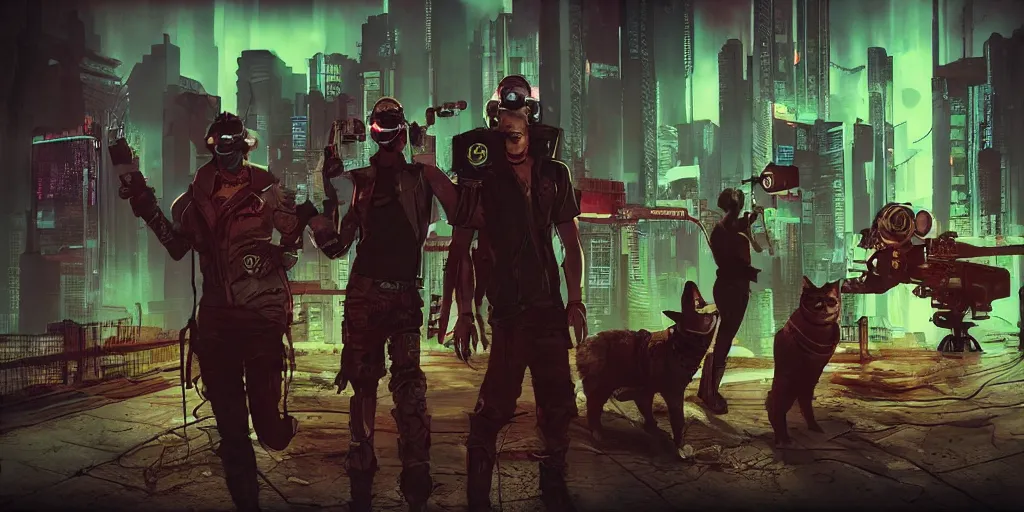 Prompt: cyberpunk cat gang posing, fallout 5, studio lighting, deep colors, apocalyptic setting, sneak peek into the future