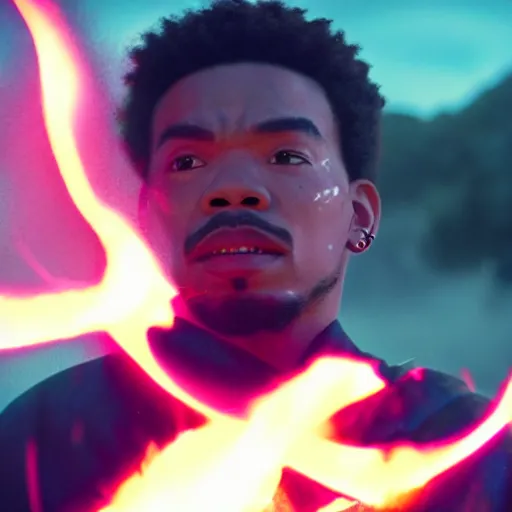 Image similar to cinematic film still of Chance The Rapper starring as a Samurai holding fire, Japanese CGI, VFX, 2022, 40mm lens, shallow depth of field, film photography