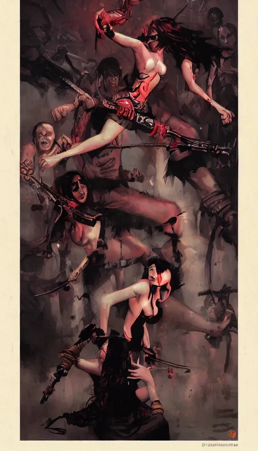 Prompt: indonesian penanggalen attacking young women, pulp movie style, by brom, high contrast