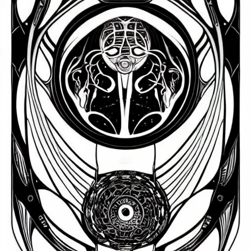 Image similar to a circular vector tattoo design in an art nouveau style, and in the style of h. r. giger.