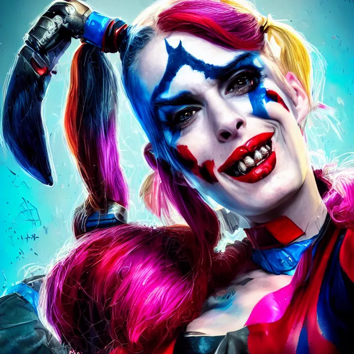 Image similar to portrait of Anne Hathaway as a harley quinn in Suicide Squad. intricate abstract. intricate artwork. by Tooth Wu, wlop, beeple, dan mumford. octane render, trending on artstation, greg rutkowski very coherent symmetrical artwork. cinematic, hyper realism, high detail, octane render, 8k, iridescent accents