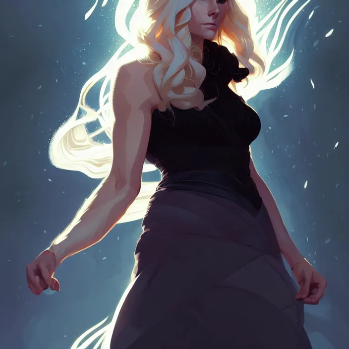 Image similar to style artgerm, joshua middleton, hubert robert, beautiful kristen bell with black dress, very long white hair, symmetrical face, symmetrical eyes, purple fire powers fire swirling, detailed, forest setting, cinematic lighting