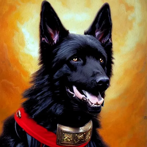 Image similar to a portrait of a black german shepard dogman canine star trek captain red shirt. highly detailed painting by gaston bussiere, craig mullins, j. c. leyendecker, furry