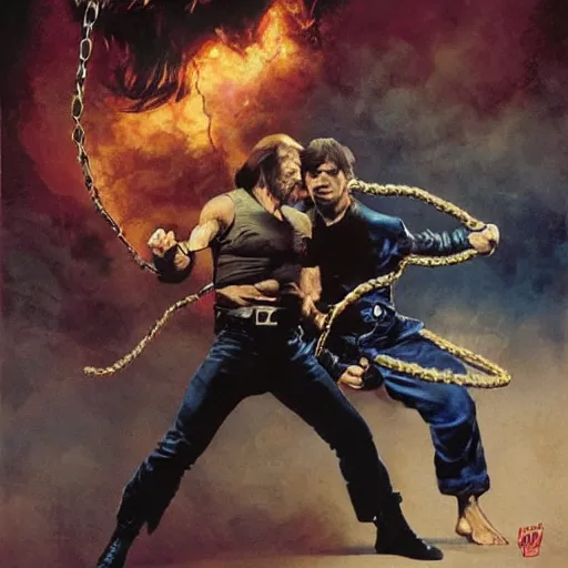 Image similar to cinematic action shot freeze frame portrait of Chuck Norris using nunchaku that are made out of two mini Chuck Norris's connected to each other at their ends by a short metal chain, golden ratio, art by greg rutkowski and frank frazetta and peter mohrbacher and marc silvestri