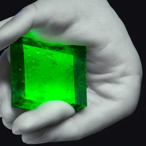Prompt: a small glowing green shard of kryptonite held between the index finger and thumb of a black - gloved hand, black background