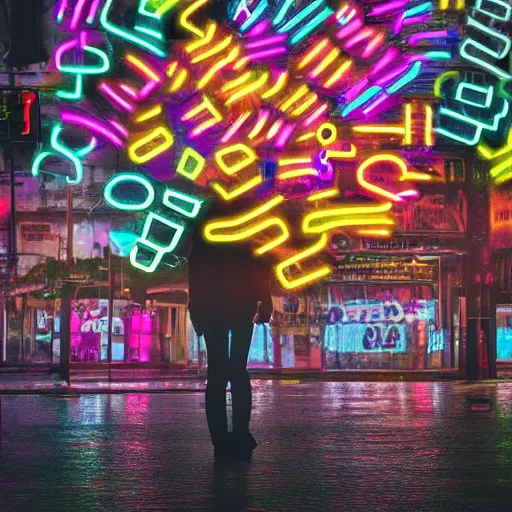 Image similar to overdose, surrounded by thoughts, shadows, 8K, Rainy day, neon lights