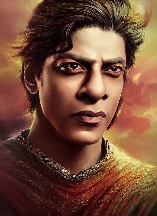 Image similar to Beautiful young shahrukh khan, portrait, fantasy, medieval, vivid colors, fantasy, elegant, concept art, sharp focus, beautiful face, digital art, Hyper-realistic, 4K, Unreal Engine, Highly Detailed, HD, Dramatic Lighting by Brom, trending on Artstation