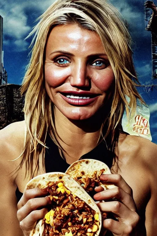 Image similar to portrait of cameron diaz eating a burrito in a post apocalyptic place, hyperealistic by dali