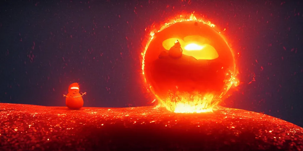 Image similar to a melted glowing snowman melting on top of the sun. the ground is made of fire and lava and is glowing orange. cinematic, dramatic, epic, volumetric lighting, atmospheric, red, orange extremely coherent, masterpiece, highly detailed, trending on artstation, 8 k, space, warm, solar flare, blade runner 2 0 4 9