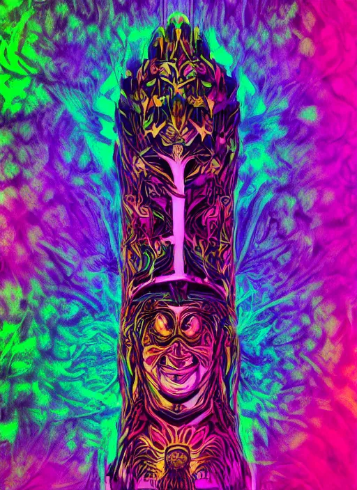 Image similar to a psychedelic totem made of trees and multicolor flowers, fulcolor octane remder, cinematic