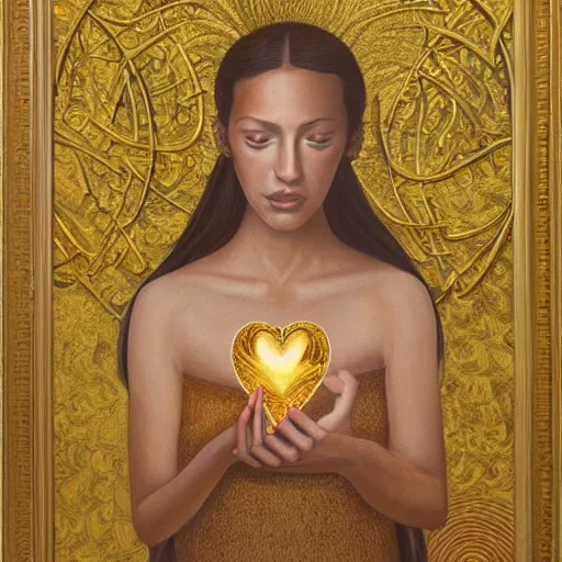 Prompt: a painting of a woman holding a glowing golden heart in the water, an acrylic on canvas painting by amanda sage and magali villenueve, louvre contest winner, gold foil
