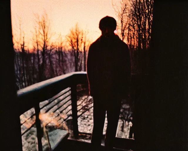 Prompt: lomographic tarkovsky film still of 4 0 years russian man with beard and sweater standing on small hrushevka 9 th floor balcony full with cigarette smoke in winter taiga looking at sunset, cinestill, bokeh