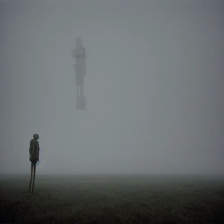 Image similar to a sole angular lanky liminal observer droid, in a brutalist yet rural landscape by simon stalenhag, 3 5 mm film photography, dawn, eerie fog