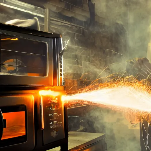 Image similar to cyborg toaster oven repairman, dark messy smoke - filled cluttered workshop, dark, dramatic lighting, orange tint, sparks, plasma rays, cinematic, highly detailed, sci - fi, futuristic, movie still, rule of thirds composition