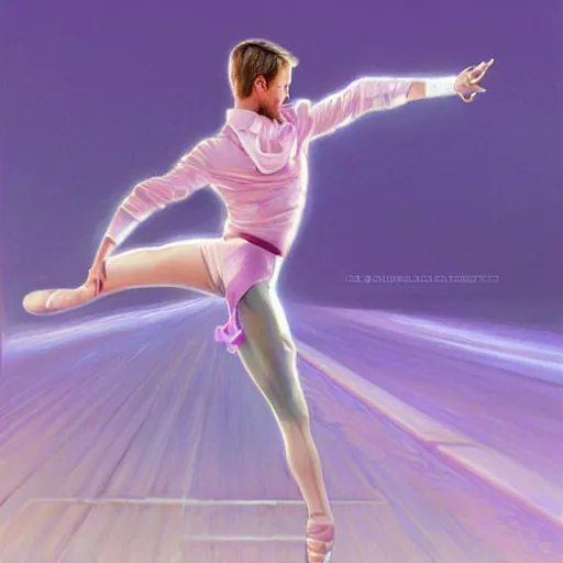 Image similar to ryan gosling dancing ballet, robotic clothes in the beach purple sun, dancing ballet, pink lighting ultra realistic photorealistic highly detailed high quality, a stunningly, digital painting, artstation, concept art, smooth, sharp focus, illustration, art by artgerm and greg rutkowski and alphonse mucha 8 k