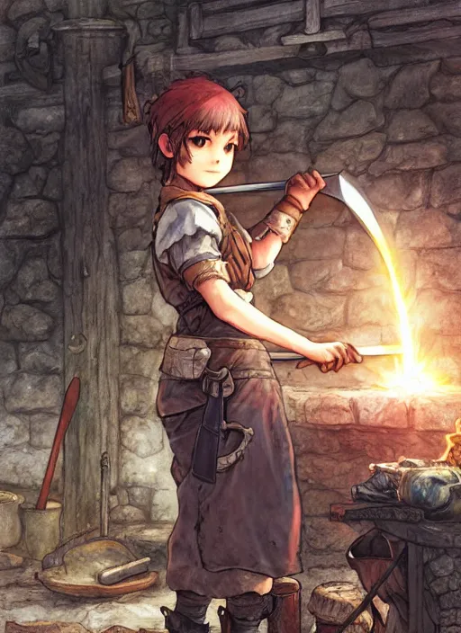 Image similar to character portrait of a blacksmith tomboy making a sword at the smithy, hidari, color page, tankoban, 4K, tone mapping, Akihiko Yoshida.