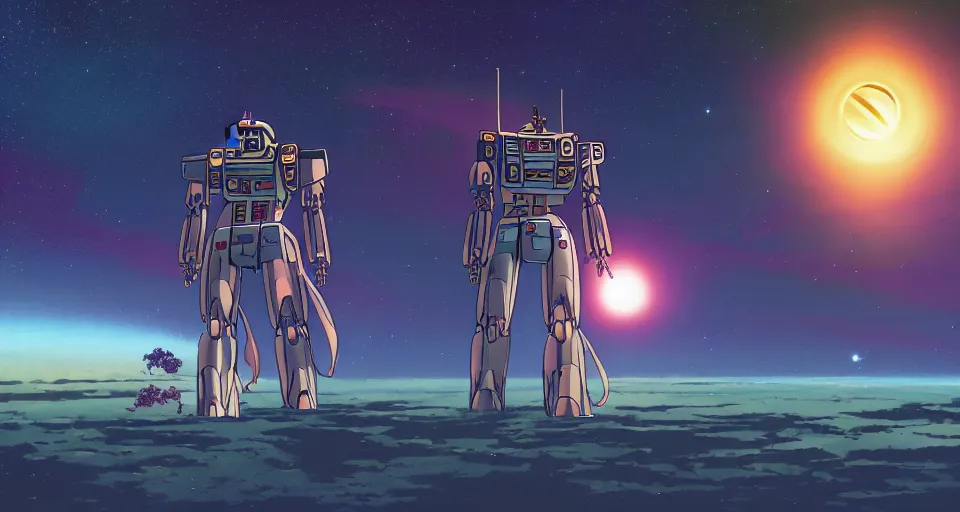 Prompt: a beautiful cinematic view of a walking humanoid mecha on a tropical island paradise, underneath a star filled night sky, warm coloured, gigantic pillars and flowers, maschinen krieger, moebius, star trek, gundam, film, atmospheric perspective