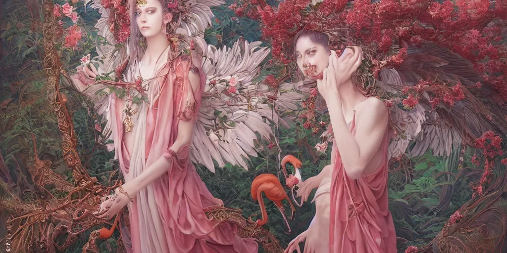 Image similar to breathtaking detailed concept art painting of the goddess of flamingo, orthodox saint, with anxious, piercing eyes, ornate background, epic composition, amalgamation of leaves and flowers, by Hsiao-Ron Cheng and John James Audubon and Miho Hirano, extremely moody lighting, 8K