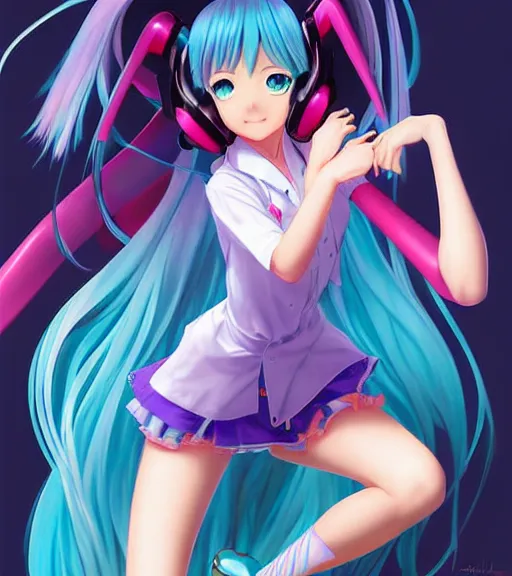 Image similar to Anime art of beautiful Hatsune miku with beautifel legs by artgerm, rossdraws, magali villeneuve, Gil Elvgren, Alberto Vargas, Earl Moran, Enoch Bolles, high detail, digital art