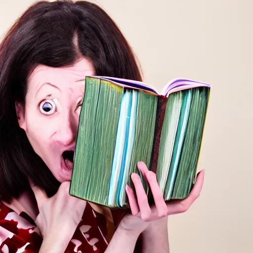 Prompt: terrified woman holding a book with monster hands coming from it, horror high quality DSLR photography