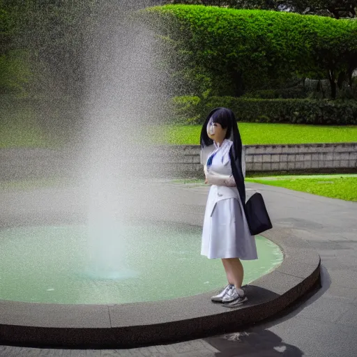 Prompt: a full body portrait of a young Japanese maid standing in front of a fountain in a park, 8k, cinematic, photo taken with Sony a7R camera, by William-Adolphe