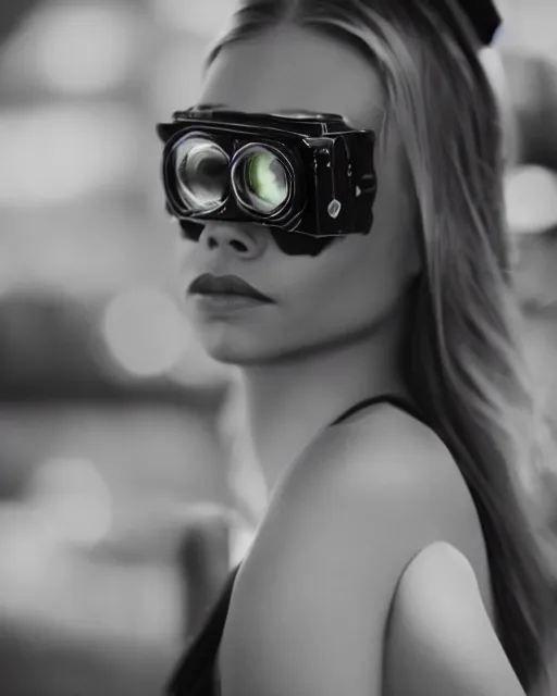 Prompt: high quality presentation photo of cara delevigne as a retro robot, photography 4k, f1.8 anamorphic, bokeh, 4k, Canon, Nikon