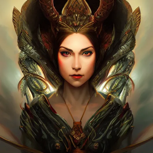 Prompt: stunning comic book style portrait painting of a dragon goddess, pearl eyes, wide view, in the style of WLOP, 8k masterpiece, cinematic lighting, pristine clean design, high fantasy, insanely detailed, atmospheric,