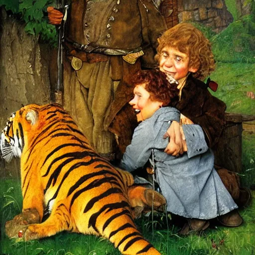 Image similar to bilbo baggins snuggles a tiger, realistic oil painting, style of norman rockwell, 8 k, super sharp, ultra detail, rule of thirds.