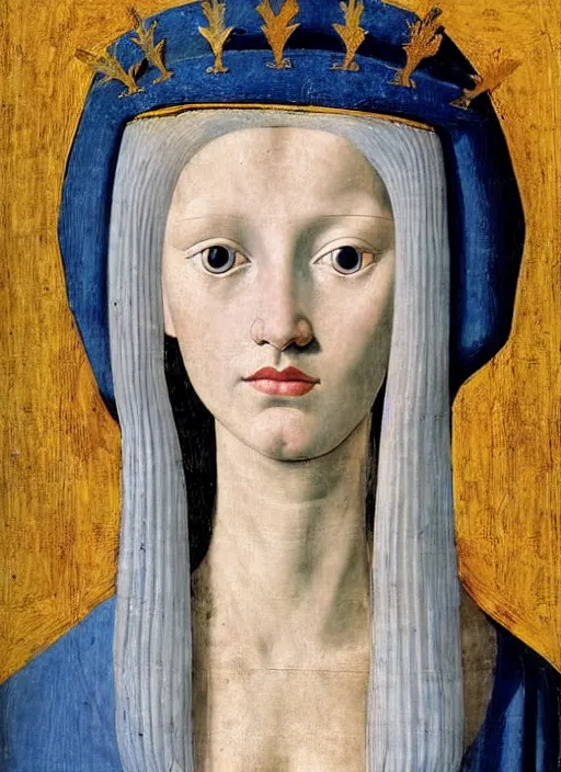 Image similar to portrait of young woman in medieval dress and medieval headdress, blue eyes and blond hair, style by piero della francesca