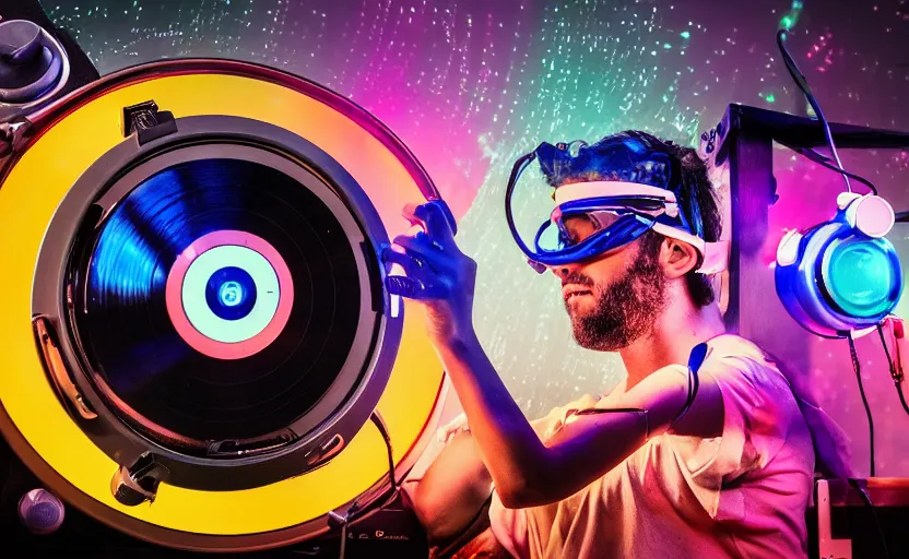 Image similar to a person wearing goggles and visor and headphones using a retro record player contraption, wires and tubes, turntablism dj scratching, intricate planetary gears, cinematic, imax, sharp focus, leds, bokeh, iridescent, black light, fog machine, hazy, lasers, hyper color digital art