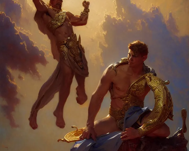 Image similar to attractive heroic male deity, casts magic, summoning handsome heroic lucifer morning star. highly detailed painting by gaston bussiere, craig mullins, j. c. leyendecker 8 k