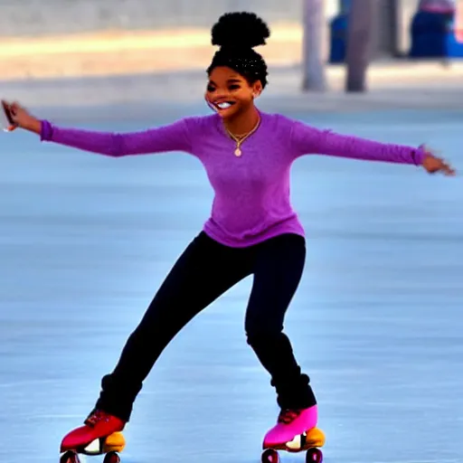 Prompt: Halle Bailey roller skating on Venice Beach in the style of GTA V