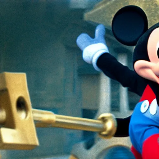 Prompt: Film still of Mickey Mouse as Thor, holding his Mjolnir