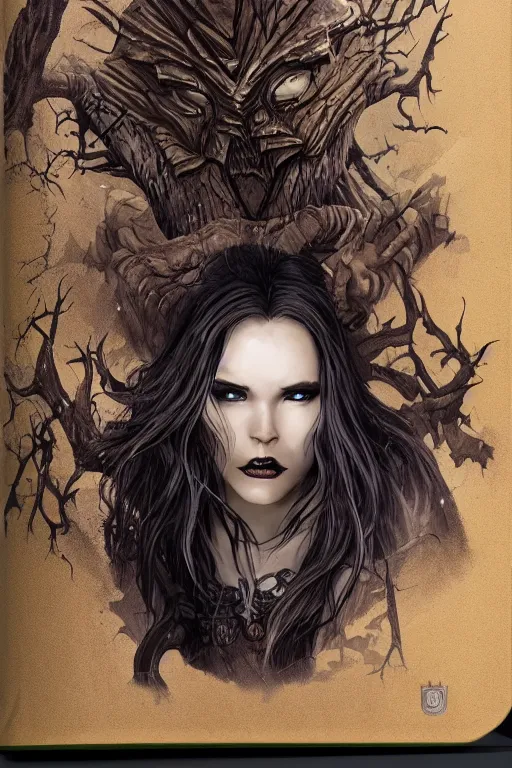 Image similar to dramatic dark forest scenery, girl with fangs in hide leather armor, D&D book-cover without text