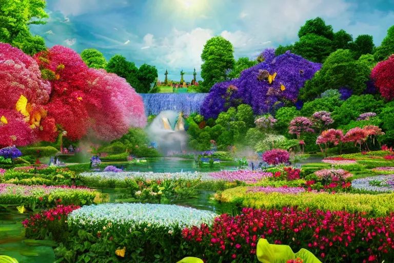 Prompt: heaven, flower garden of versailles, korean tall palace of flower, waterfall from the clouds, heavenly flower garden of courtyard, butterfly, sky full of petals, oriental fantasy, wreathed in mist and bright sunshine, ultra realistic, 8 k